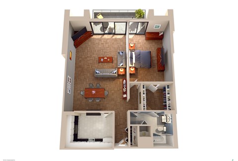 A top down view of a small apartment with a kitchen, living room, and bedroom.